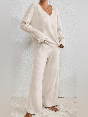 Cozy Neutral Two-Piece Knit Lounge Set